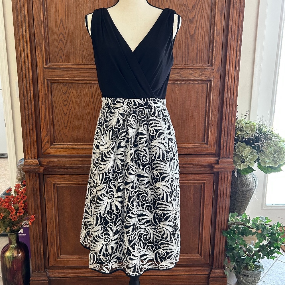 R&M Richards Soutache Fit & Flare Cocktail Dress Size 12 Black & White